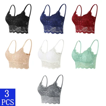 3PCS Women's Lace Bras Top Comfortable Bralette Solid Color Sexy Underwear Vest Female Hollow Out Wireless Lingerie Seamless Bra 1