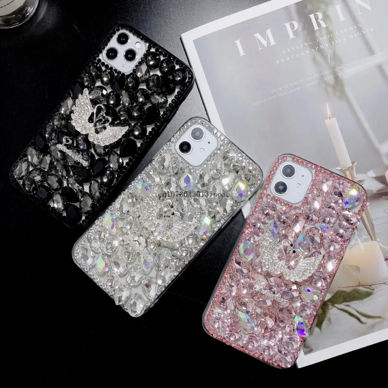 

Luxury Full of diamonds Flash diamond butterfly swan Acrylic Full Coverage For iPhone 11 13 14 15 Pro Max Shockproof Phone case