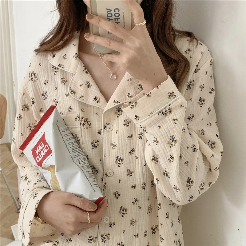 Floral Print Autumn Pajamas Set Women Single Breasted Shirts + Trousers Set Cotton Two Piece Home Suit Vintage Pockets Sleepwear gray velvet pajamas warm long sleeve home suit for women two piece set thick sleepwear set night suit sets autumn female