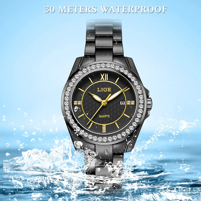 LIGE 2026 New Luxury Black Ceramic Watch Women Fashion Waterproof Luminous Women's Quartz Wristwatch Casual Quartz Chronograph