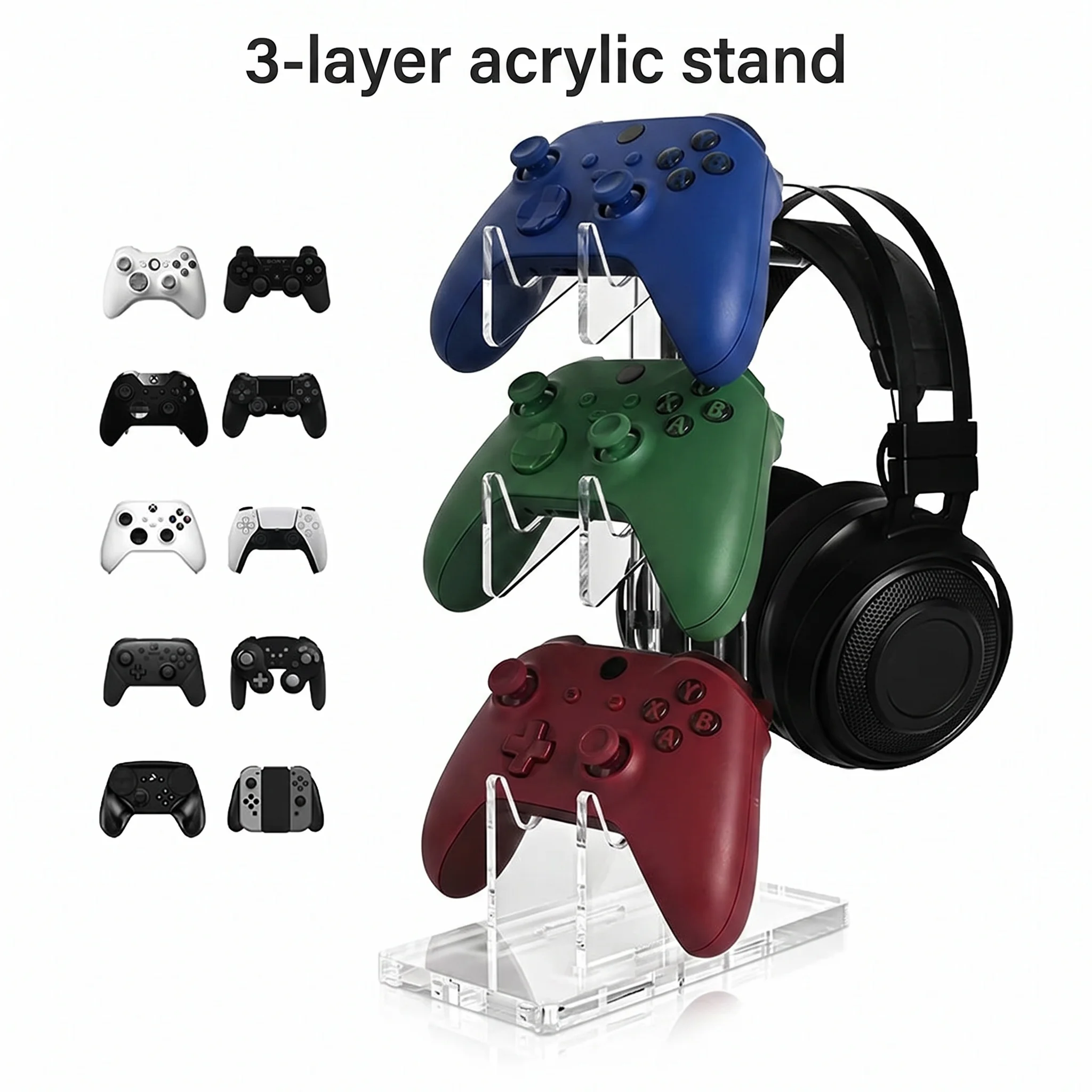 3중 아크릴 게임 컨트롤러 및 헤드폰 디스플레이 스탠드 (플레이스테이션 5 PS5, PS4, PS3, 듀얼센스, 듀얼쇼크, 스위치 프로, 엑스박스용)