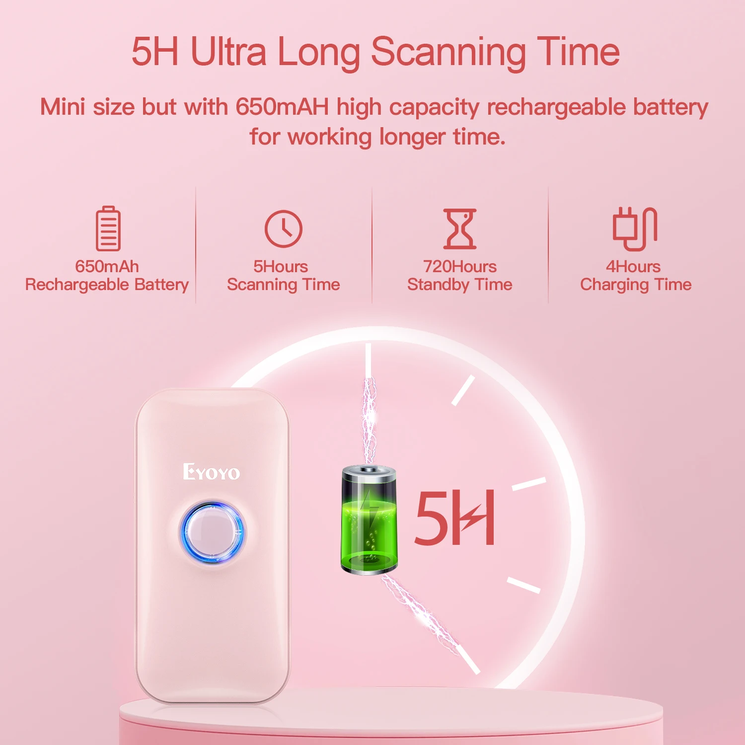 Eyoyo 1D Bluetooth Barcode Scanner Mini Pink For Women, Library Warehouse Portable Barcodes Scanning Support Windows iOS Android