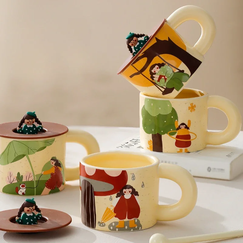 

High-looking With Lid Espresso Cup Ceramics Mug for Coffee Creativity Retro Cartoon Porcelain Coffee Cups Drinkware Ceramic Bar