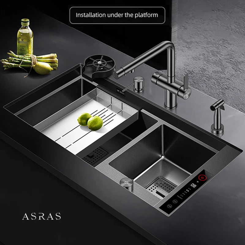 ASRAS Island Smart Purifying Kitchen Sinks SUS 304 4mm Panel Handmade Double Sink Nanometer Smart Purifying Sinks