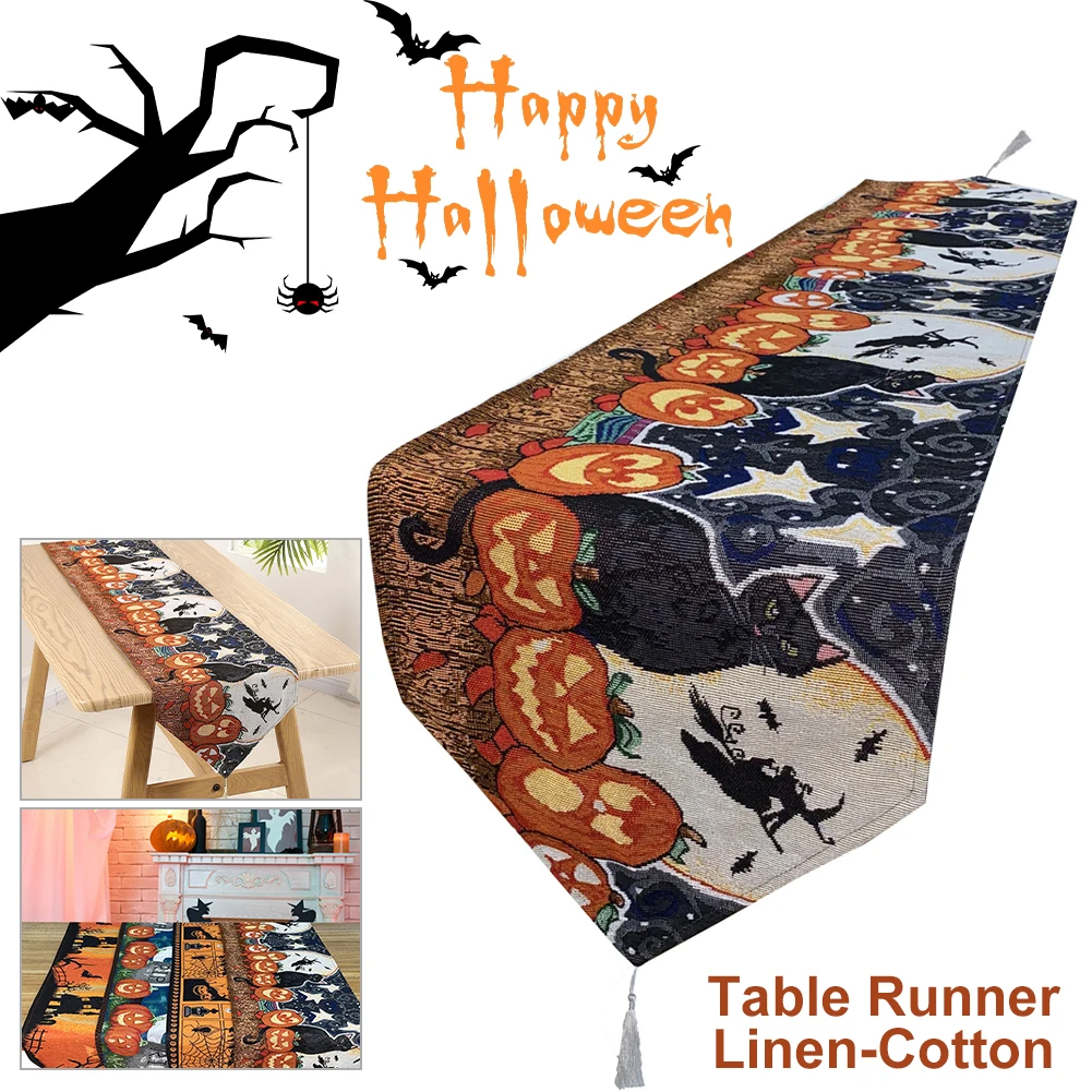 

180x33cm Halloween Decorations Table Runner Linen-Cotton Dining Table Runner Pumpkin Ghost for Indoor Outdoor Home Decoration