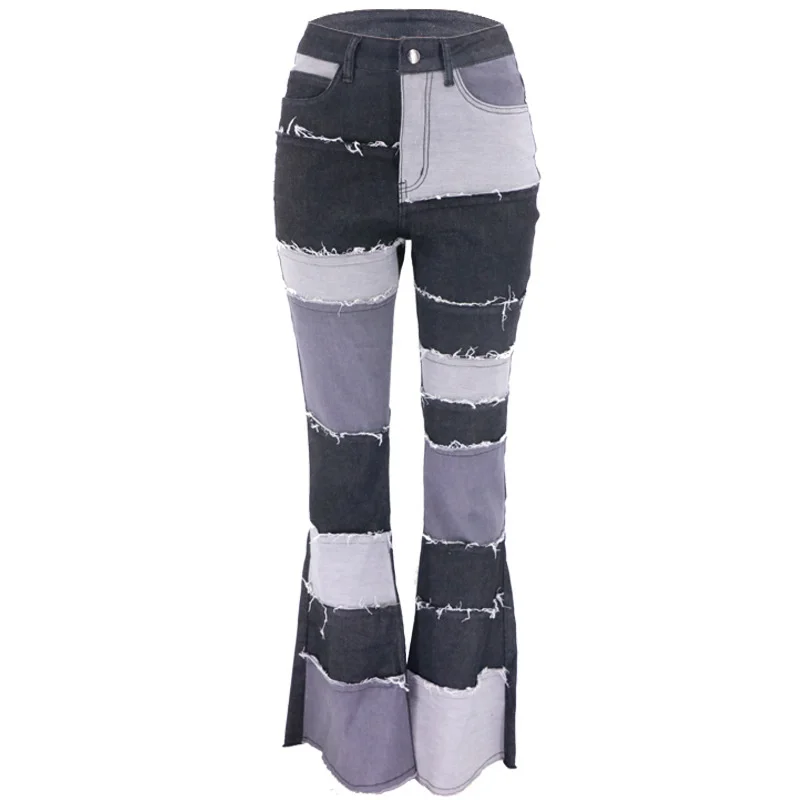 

Vintage Splicing Cotton Jeans Female Street Fashion Tight Hip Flared Pants High Waist Color Contrast Denim Trousers Women Casual