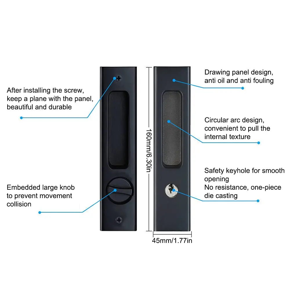 Sliding Door Lock Indoor Black Privacy Pocket Door Lock Hardware Double Barn Furniture Hardware Handle Latch With Keys
