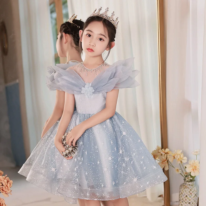 

Children Prom Dress Chic Tulle Off The Shoulder Gold Sequined Princess Dresses Kids Girls Party Performance Costume Ball Gowns