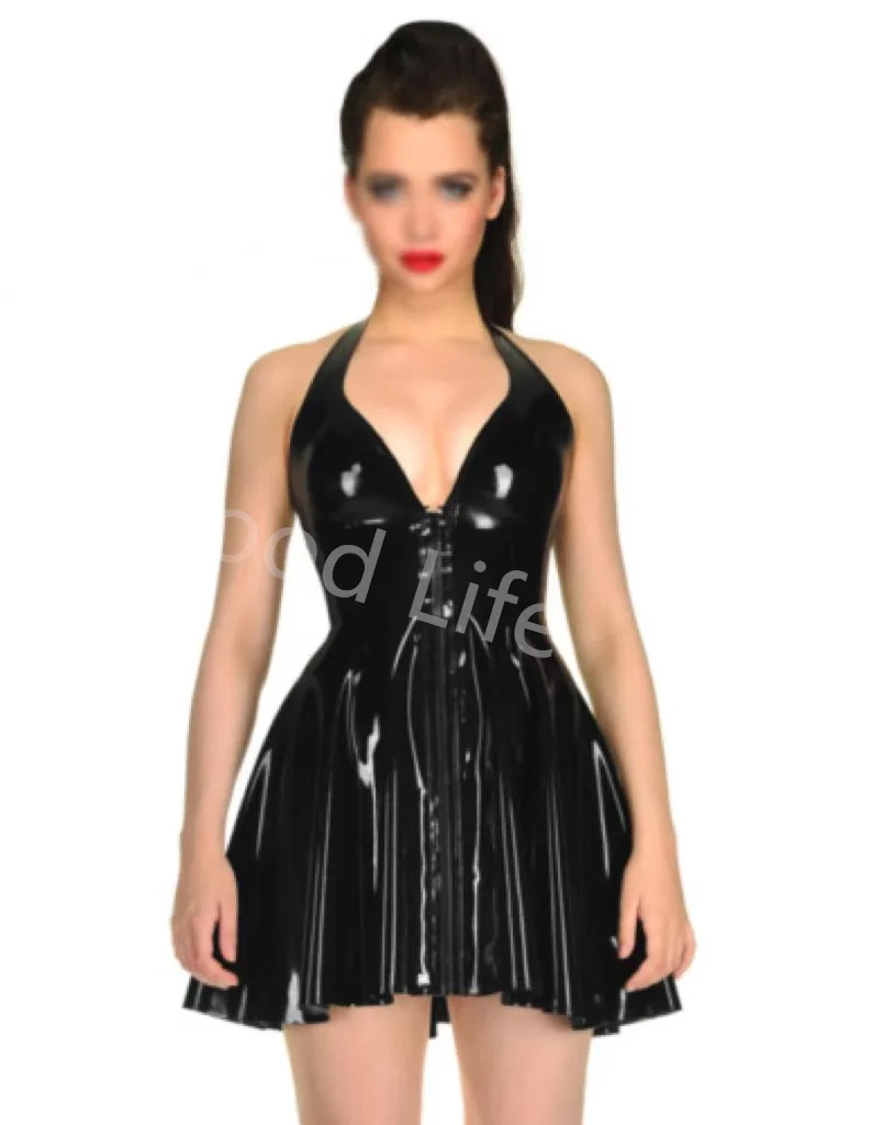 

Natural Handsome Latex Rubber Catsuit Women Dress Sleeveless Mini Dress Gummi with Front Zipper