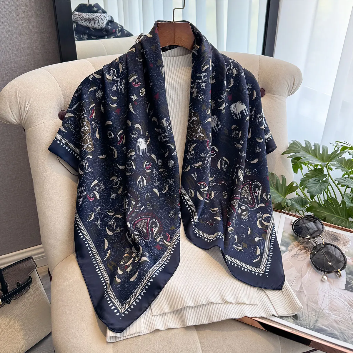 NEW Twill Silk Headband Hijab Square Scarf Print 90CM Warm Beach Stoles Shawl Wraps Female Hair Band Bag Wrist Bandana Foulard
