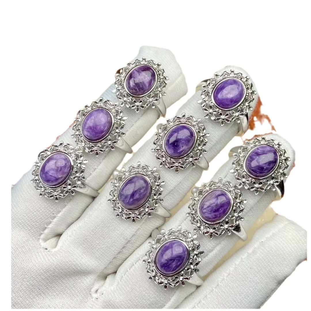 

Wholesale 10pcs/pack Natural Charoite Gemstone Stone Finger Ring 7x9mm,Genuine Semi-Precious Gem Jewelry,Adjustale