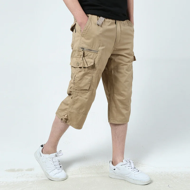 

Long Length Cargo Shorts Men Summer Knee Multi Pocket Casual Cotton Elastic Waist Capri Military Hot Breeches Cropped Trousers