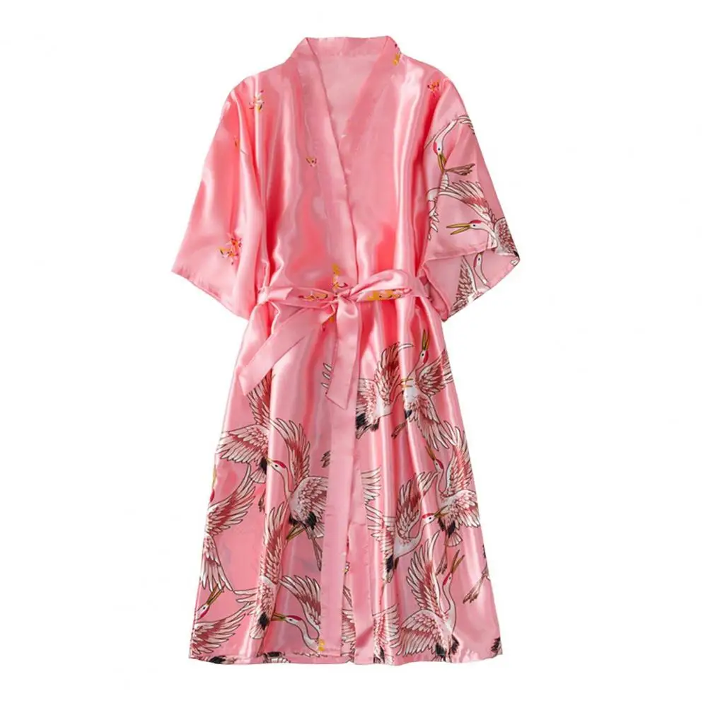 Women Bathrobe Ice Silk Bird Print Satin Lace up V Neck Half Sleeve Cardigan Nightgown Bride Morning Dressing Gown Sleepwear