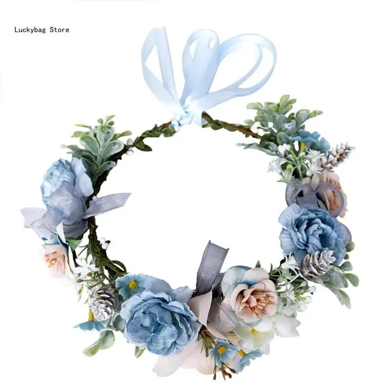 

Adjustable Blue Flower Floral Headpiece Wreath Wedding Festival Photo Prop
