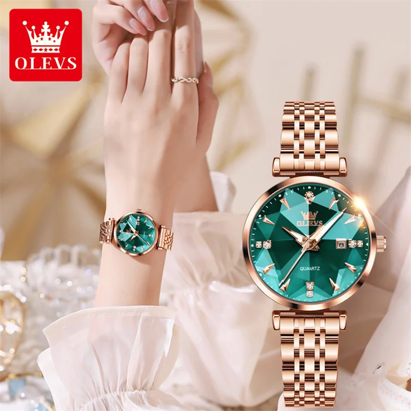 OLEVS Classic Luxury Women Watch Stainless Steel Green Dial Delicate Waterproof Quartz Casual Dress Ladies Watch Reloj Mujer