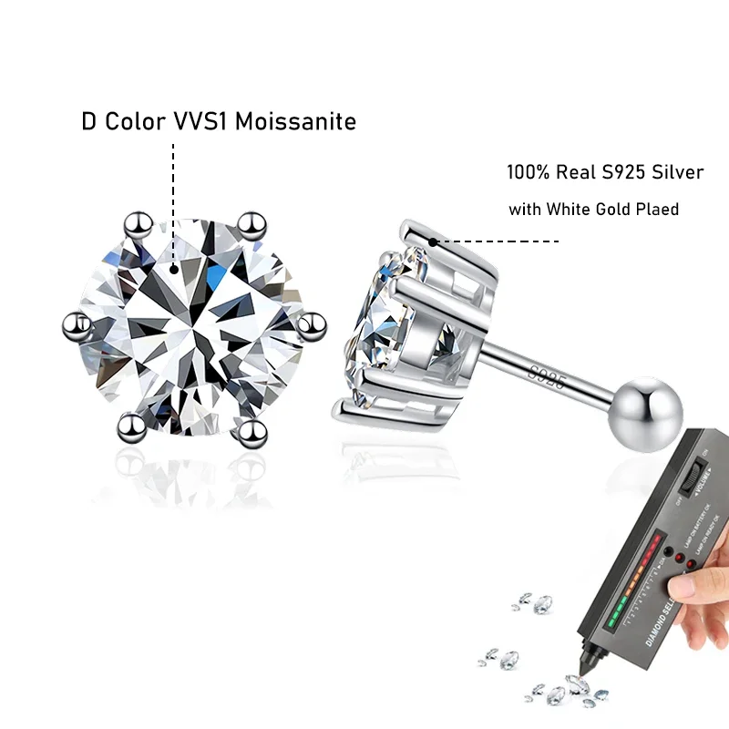 Tezzc 0.3ct 0.5ct 1ct D Color Moissanite Stud Earrings For Women 925 Sterling Silver Sparkling Diamond Screw Earring Jewelry - Image 6