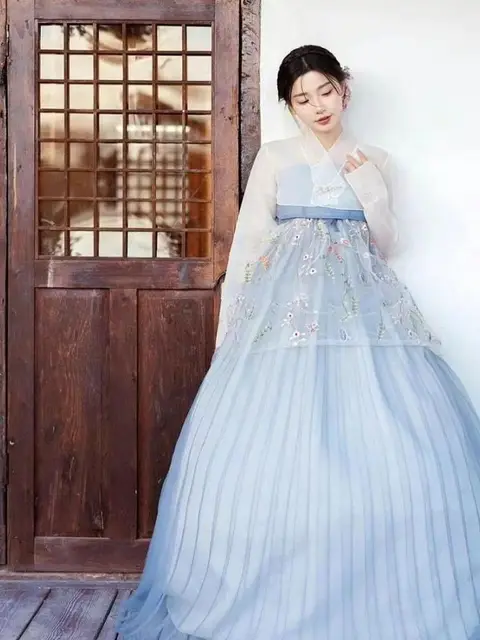 New Blue Hanbok For Women Korean Traditional Costume Minority Palace Performance Court Clothes Flower Wedding Party Dance Dress