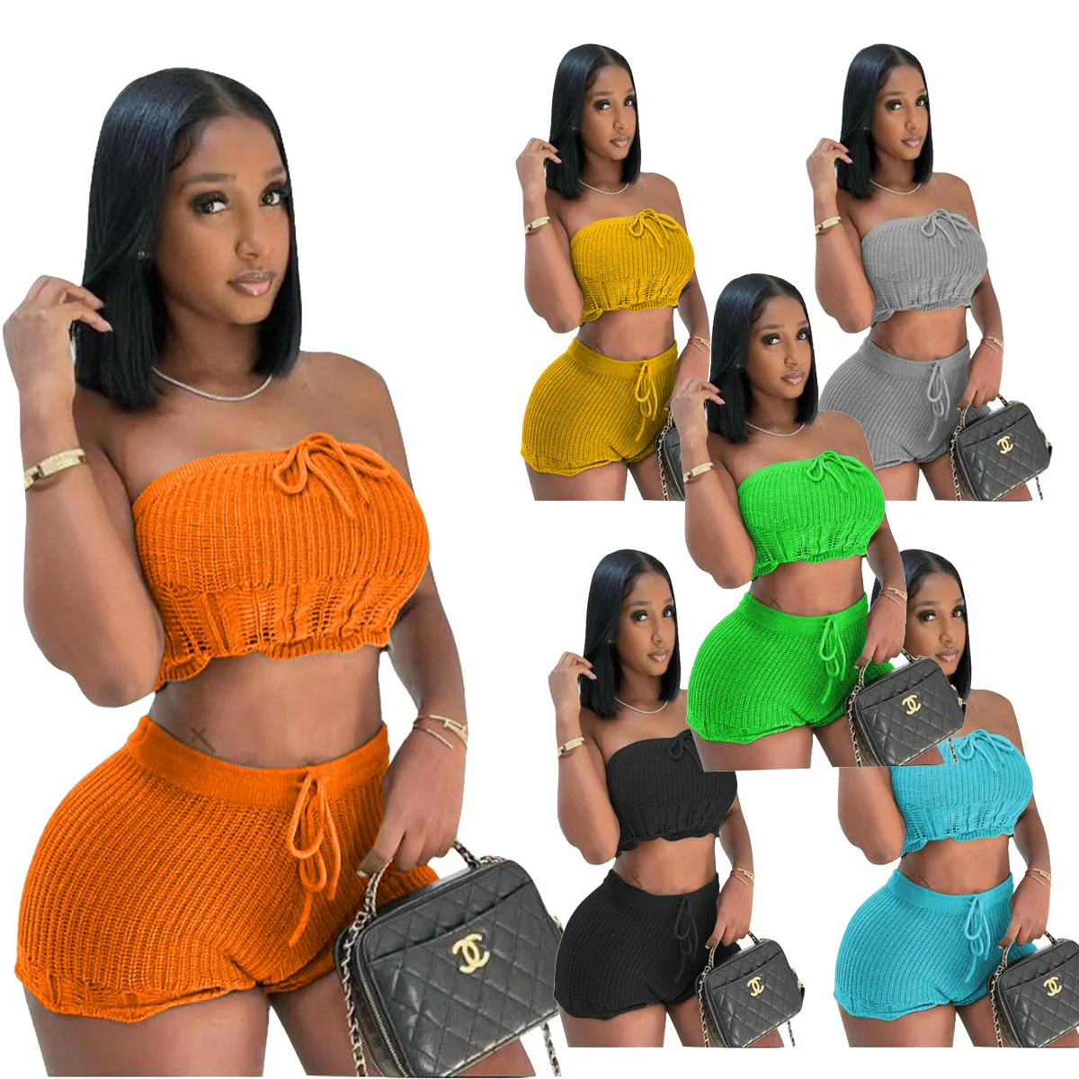 

New European and American women's sexy knitted tube top shorts two-piece suit female sexy two piece set women traf