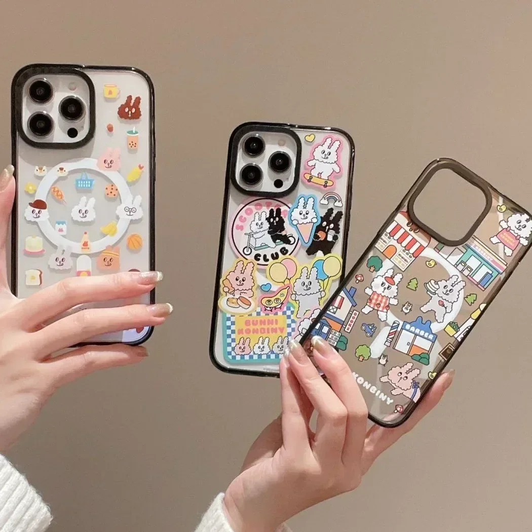 Acrylic Black Border Cartoon Rabibt iPhone 11 12 13 14 15 Pro Max Case - Protective iPhone Case with MagSafe