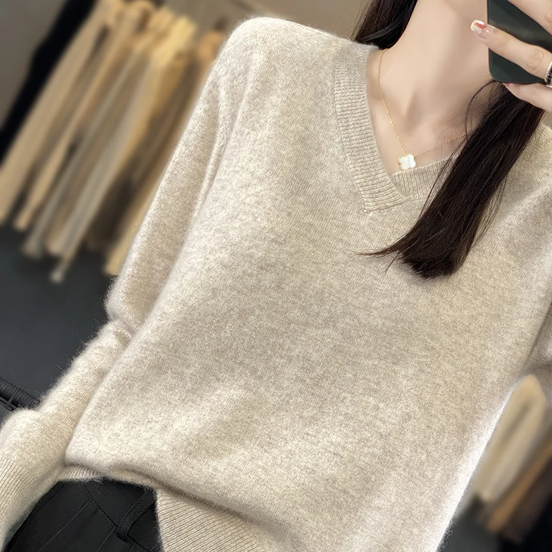 

2023 Autumn/Winter New V-neck Loose Women's Sweater 100% Woolen Sweater Pullover Long Sleeve Knitted Cashmere Top Sweater