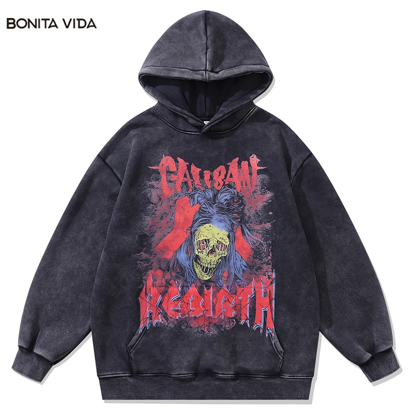 

Vintage 420GSM Black Hoodie Streetwear Hip Hop Skull Skeleton Graphic Print Punk Hooded Sweatshirt 2023 Fashion Pullover Hoodies