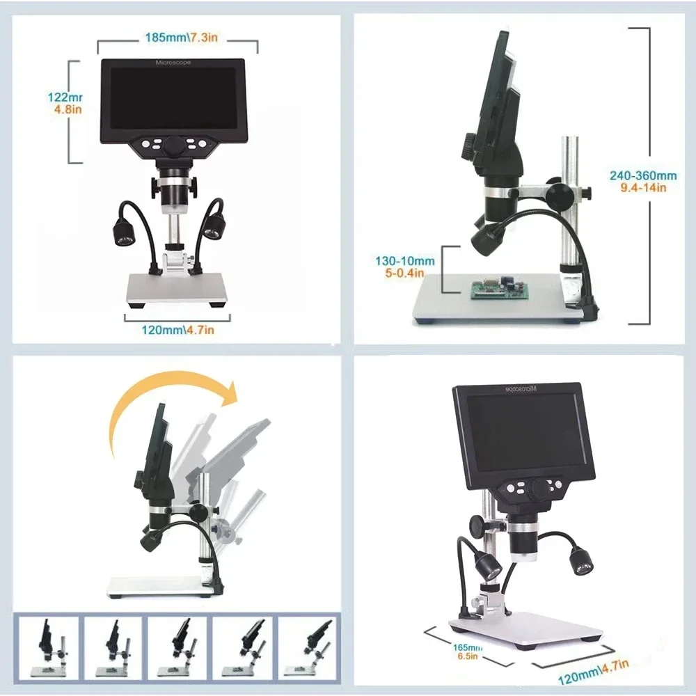 G1200 7-Inch Digital Microscope 1200x Continuous Zoom HD 12MP Industry Microscope Adjustable Stand Built-in Battery Magnifier 3