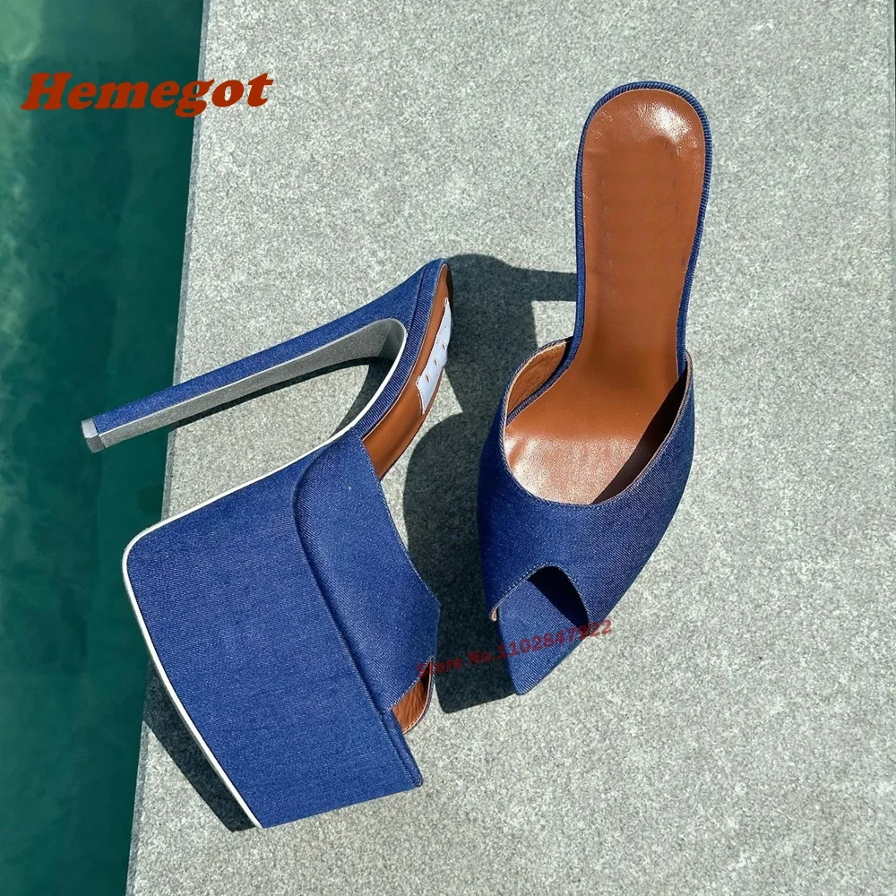 Denim Blue Platform Slippers Pointy Toe Stiletto Solid Mules for Female Slip On Thin High Heels Plus Size 44