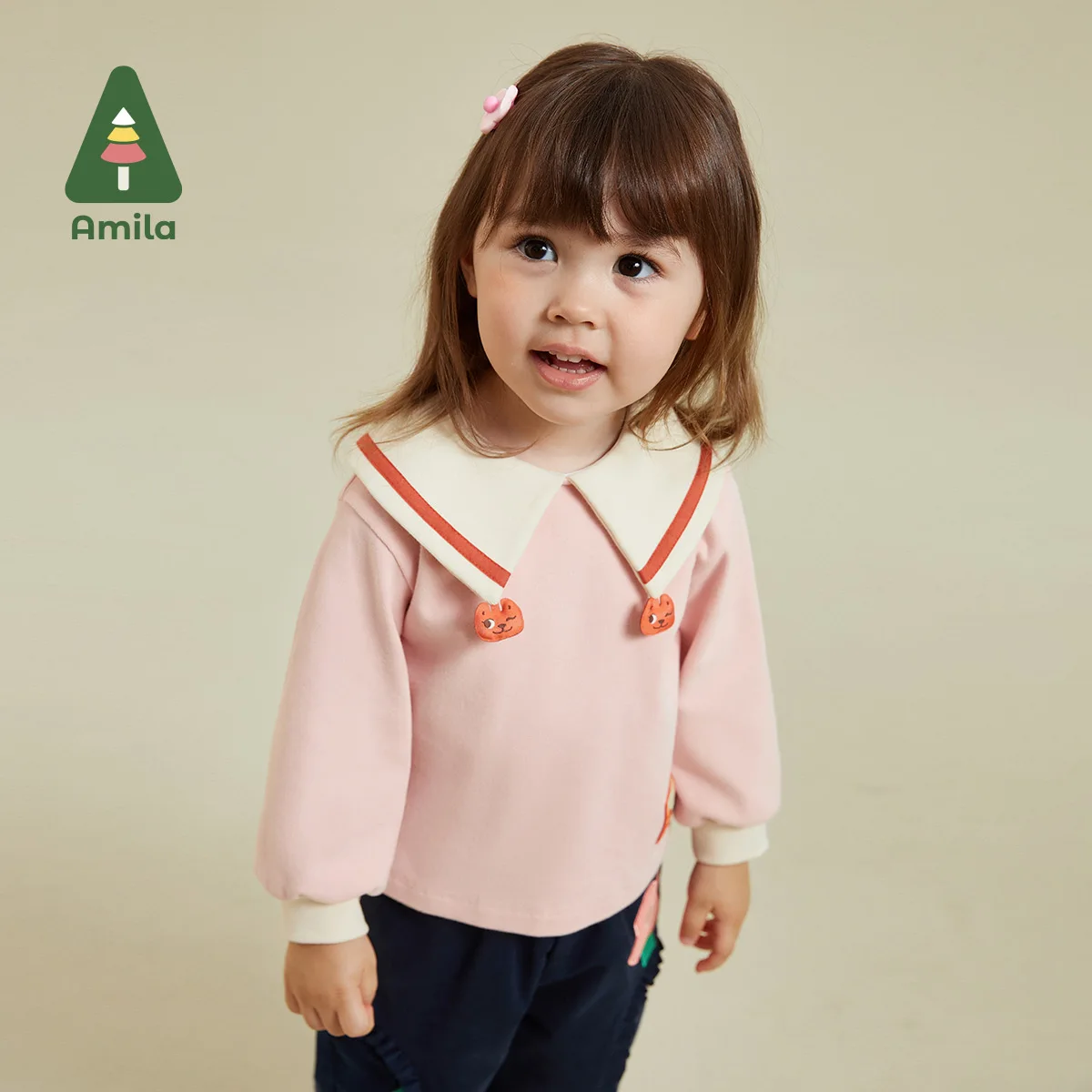 Amila T-shirt For Girls Autumn Fabric Lapel Cat Shaped Bishop Sleeve Cotton Fashion Breathable Children Clothes