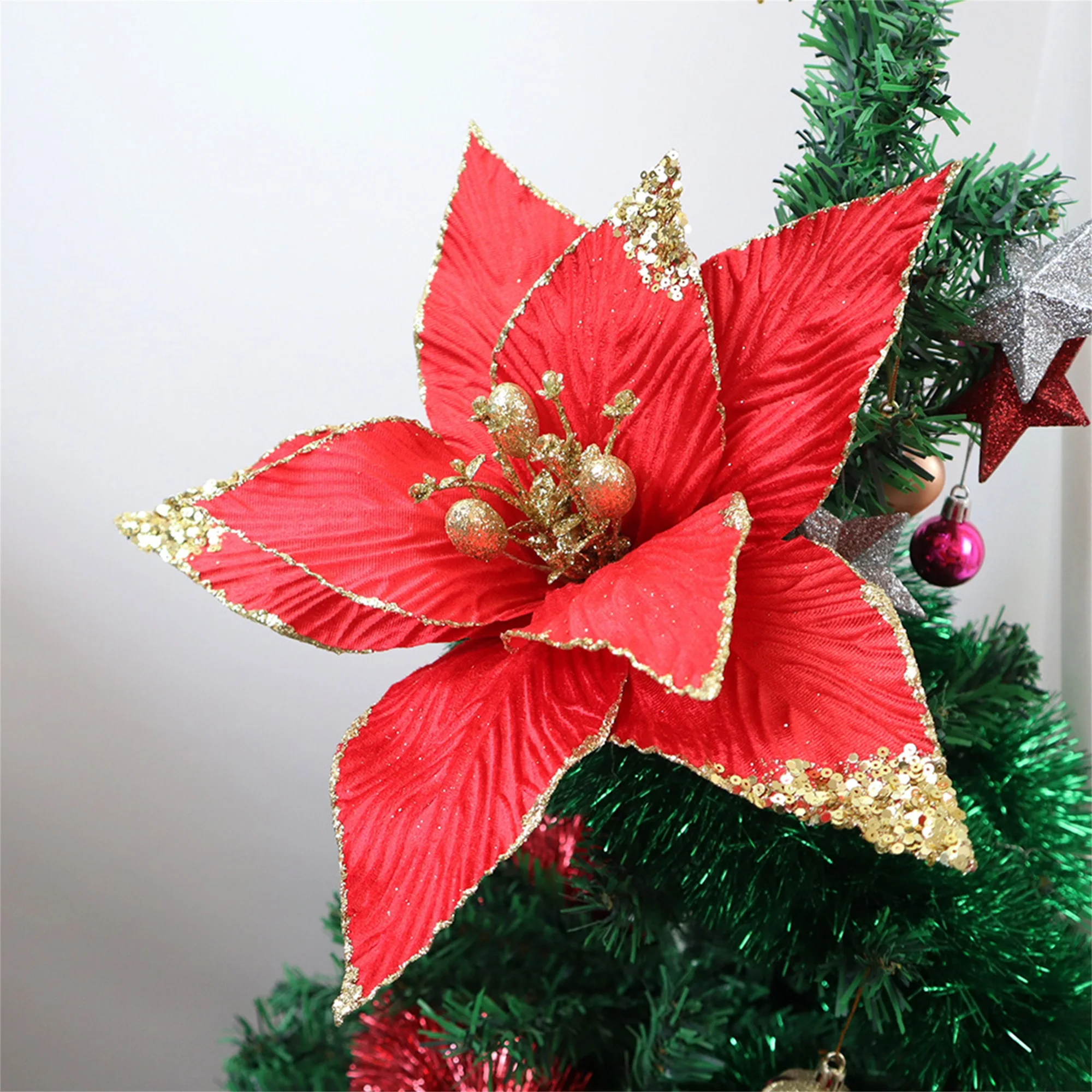 Festive Glitter Poinsettia Wreath with LED Lights for Christmas Decorations - Artificial Red Poinsettias and Greenery for Home