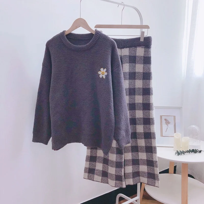 Thick Home Clothes Suit Coral Fleece Pajamas Set Women Winter Ins Soft Cute Print Plaid Internet Celebrity Influencer Loungewear