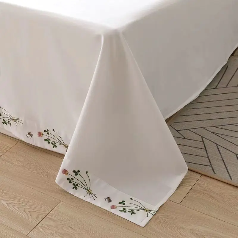 Pure White Bedding Sheet Floral Embroidery Flat Sheets 100% Cotton Bedding Luxury Bedspread Home Textiles Queen King Size 5