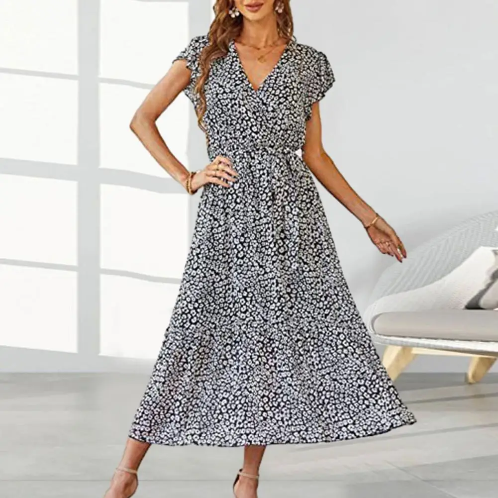 

Women Midi Dress Floral Print Dress Floral Print Bohemia Dress Women's V-neck Petal Short Sleeve Midi with Lace-up Waist Ruffle