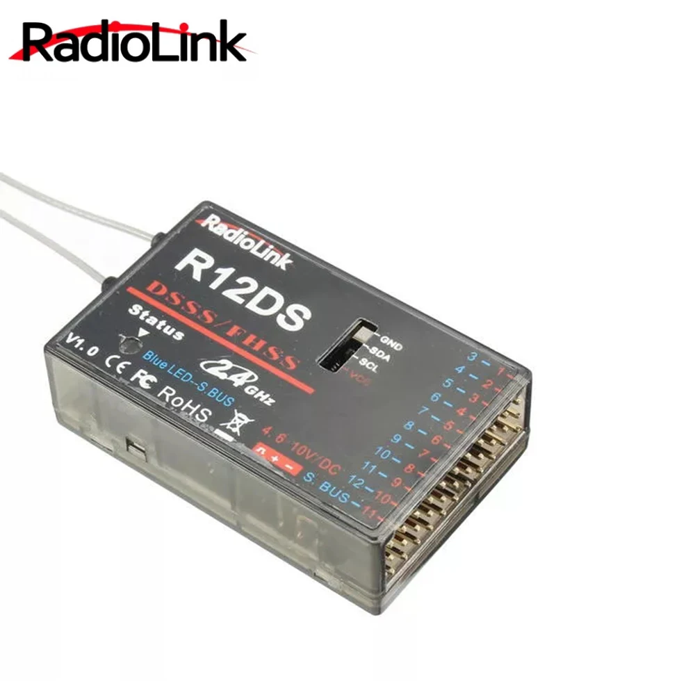 RadioLink R12DS 2.4GHz 12CH DSSS & FHSS Receiver for RadioLink AT9 AT9S AT10 AT10II Transmitter Support For SBUS PWM