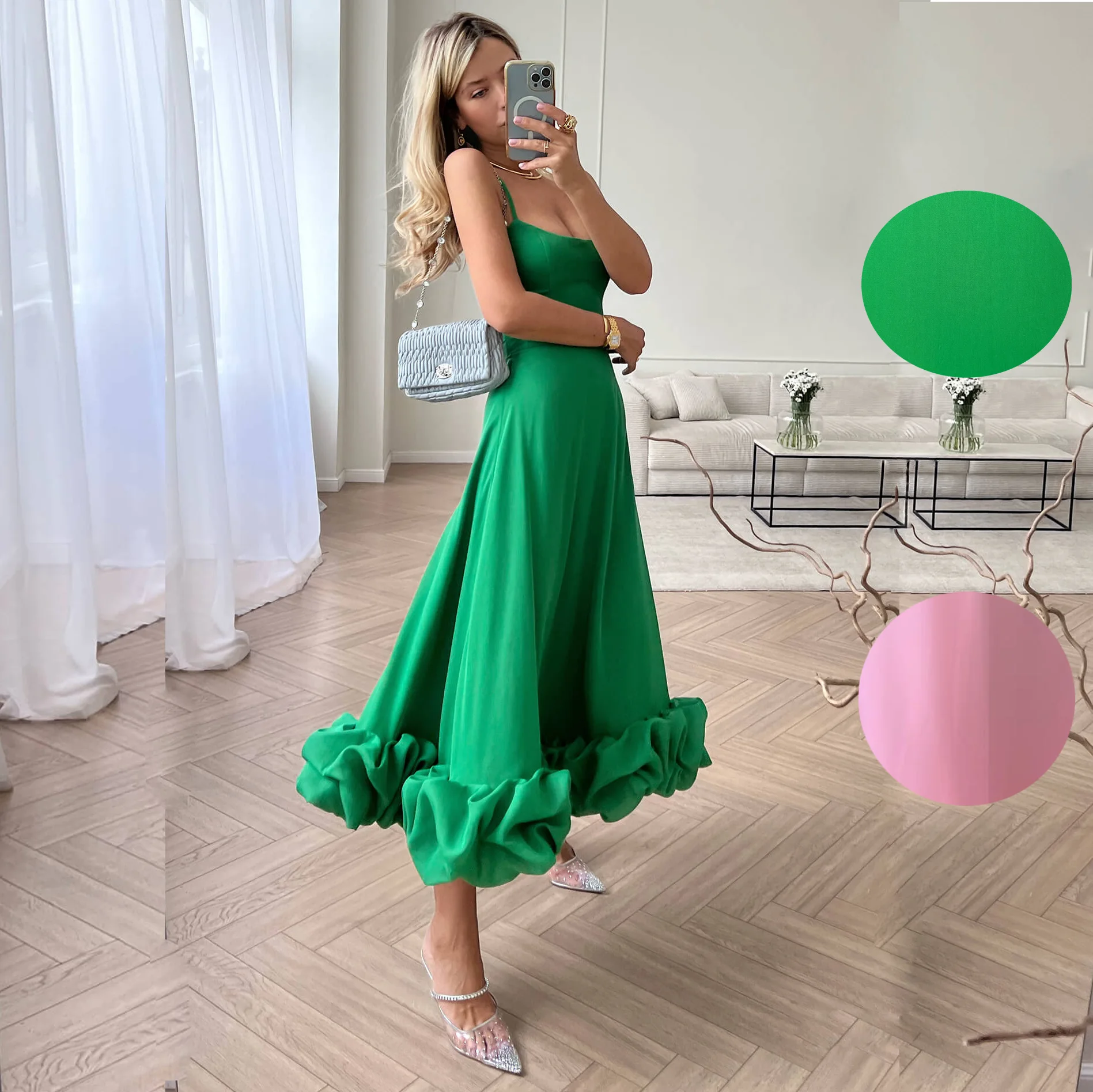 

Solid Elegant Rose Pleated Spaghetti Strap Dress Women Fashion Sleeveless Backless A-line Dresses Lady Chic Banquet Party Robe