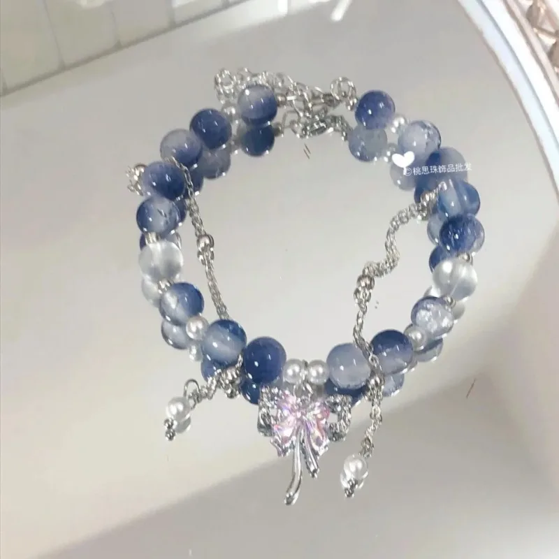 Romantic Design Star Chain Tassel Bracelet for Women Fantasy Blue Crystal Beads Elastic Rope Bracelet Best Friend Jewelry Gifts