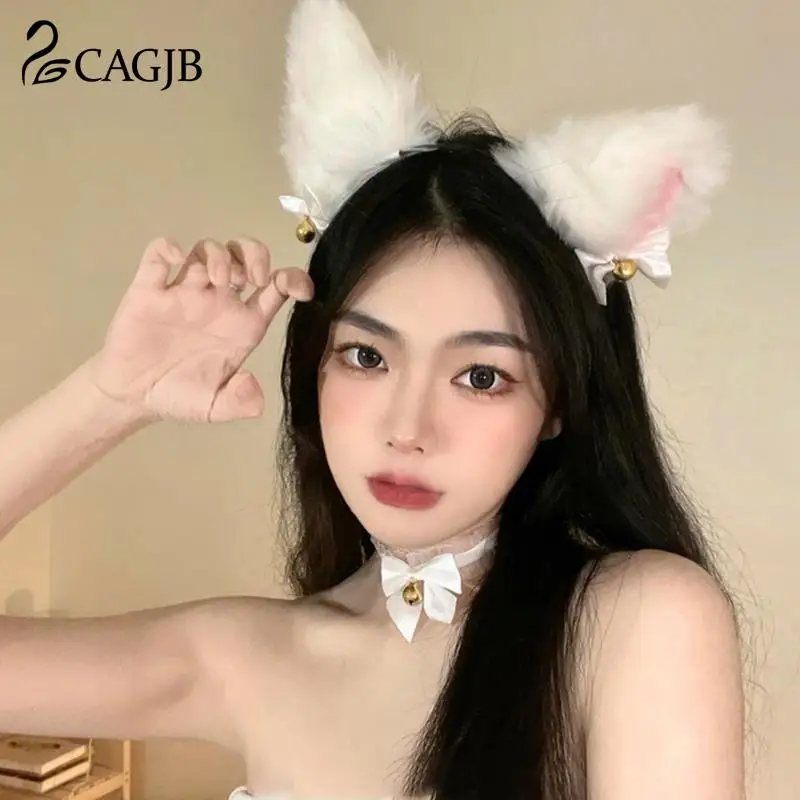 1Set Cat Ear Headband With Bells Necklace Plush Furry Cat Ears Headwear Fancy Dress Hairband Women Girls Party Anime Cosplay