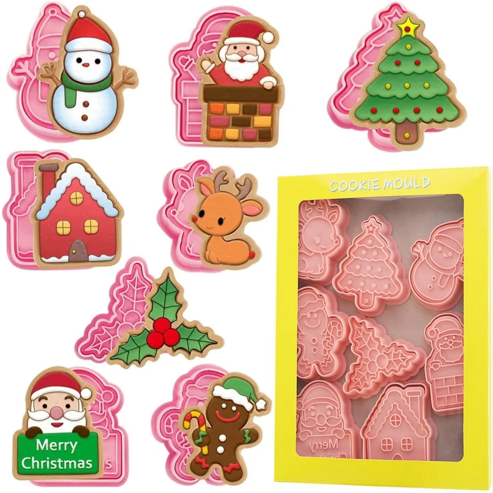 8 PCSChristmas Cookie Molds Christmas Dough Stamps Plastic 3D Cartoon Pressable Cookie Molds DIY Candy Baking Pastry Decoration