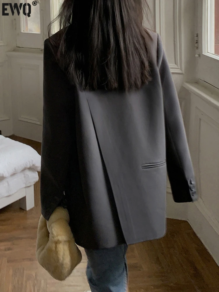 

[EWQ] Black Long Sleeved Suit Jacket For Women's Fashion Korean Back Split Office Lady Blazer Coat 2023 Spring Autumn New Tide
