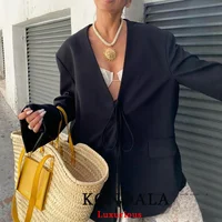 KONDALA Casual Oversized Black Blazer Women V Neck Bow Tie Pockets Loose Jackets Fashion 2025 Fall Streetwear Women Outwears - Image 2