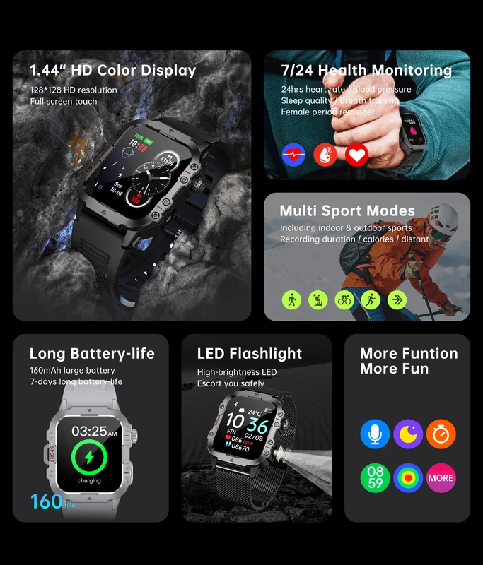 Military Smart Watch Men IP67 3ATM Outdoor Sports Fitness Tracker Health...
