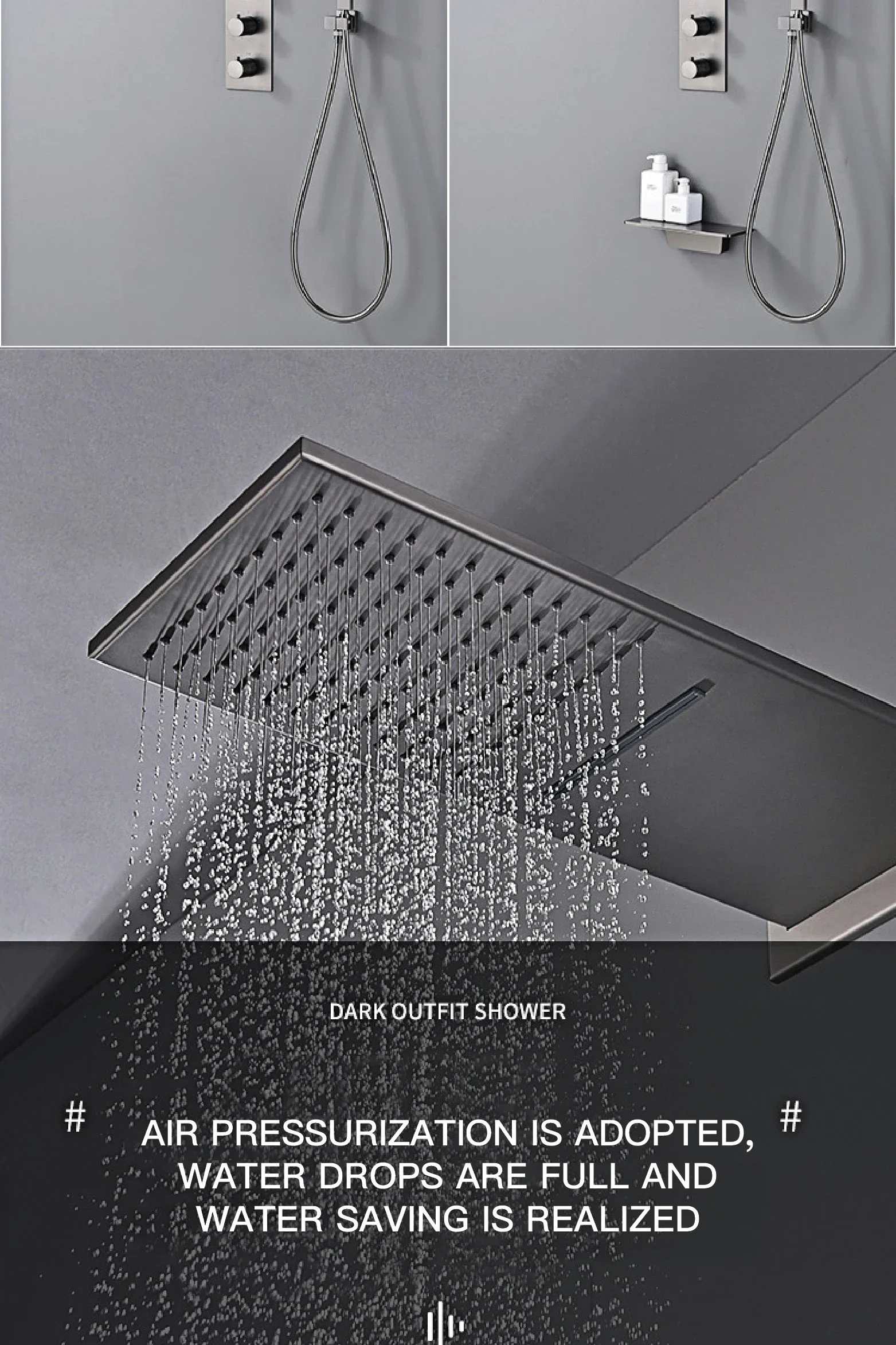 Description Picture 4 of itemDeluxe gun gray thermostatic shower system wall-mounted design 4-function cold & hot dual-control waterfall brass bathroom Tap