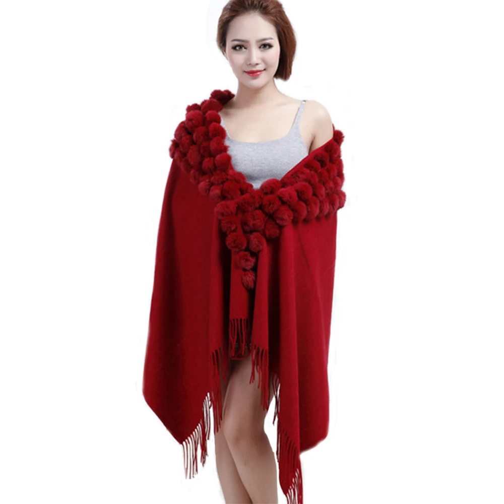 2023 Woman Autumn Winter Cashmere Wool Pashmina Scarf Muffler Wool Shawl With Real Rabbit Fur Pompoms