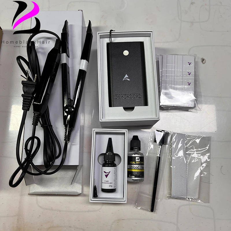 V-Light 기술 헤어 익스텐션 기계, V 라이트 헤어 익스텐션 접착제 포함, 흰색 헤어 익스텐션 도구 키트 세트, 20 분 마무리