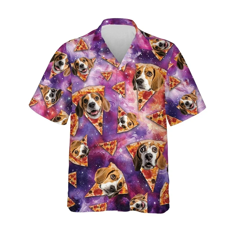 thumbnail image 1 of Camisa hawaiana con estampado 3D de perro y pizza divertida para hombre, camisas de verano con solapa, blusas de manga corta a la moda, blusas de gran tamaño con botones, 1 of 4