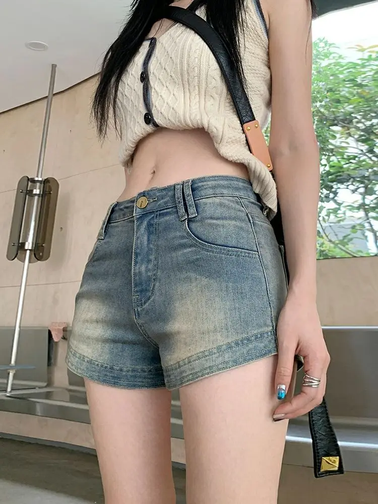 HOUZHOU Vintage Mini Denim Shorts Y2k Women High Waist Short Jeans Korean Streetwear Female Gyaru Fashion Skinny Summer Retro