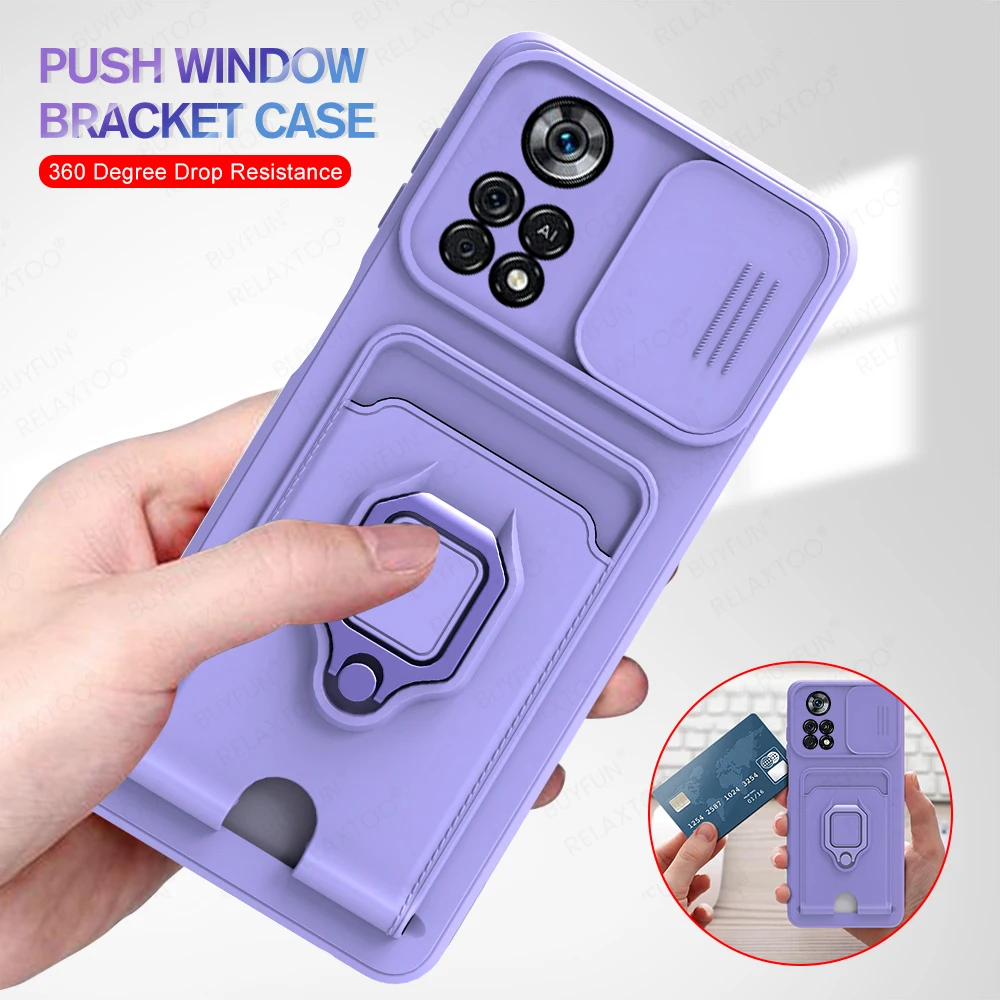 Car Magnetic Holder Sliding Lens Protection Phone Cover For Xiaomi Poco X4 Pro 5G X4Pro X 4Pro Cases Tpu Card Slot Bumper Shells