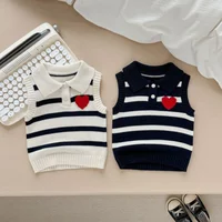0-3Y Newborn Girl Sleeveless Sweater Spring Baby Girls Knit Striped Vest Heart Polo Collar Soft Kid Daily Autumn Fashion Clothes