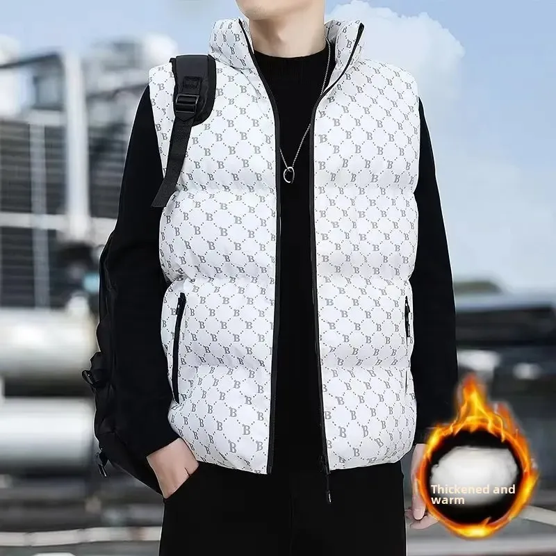 Autumn/Winter Trendy Men's Stand Collar Cotton Vest Casual Fashionable Motorcycle Rider Jacket for Youth Letter Outerwear
