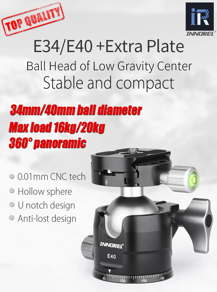 E34/E40 Professional Tripod Ball Head Low Profile Gravity Center Panoramic Ballh