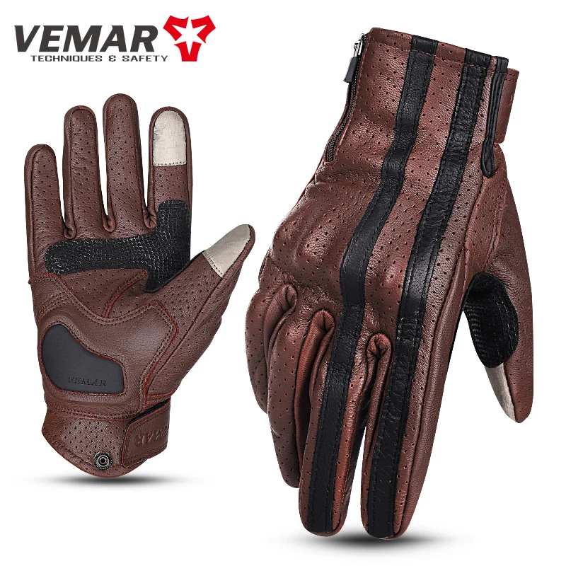 Vemar Summer Breathable Touchscreen Men's Gloves Retro Leather Vintage Riding Guantes Motocross Motorcycle Bike Full Finger Gift